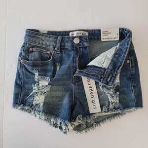 Madden Girl Blue Distressed Denim High Rise Shorts. Size 1